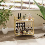 Bar Cart, 2-Tier Home Bar Serving Cart, Mobile Beverage Cart with Wine Racks, Glass Holders, Rolling Wine Cart for Kitchen, Dining Living Room, Gold