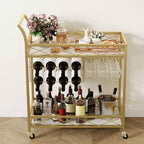 Desserte de bar à roulettes, Desserte de bar à 2 niveaux, Desserte de boissons mobile avec porte-bouteilles, porte-verres, chariot de service à roulettes pour cuisine, salle à manger, salon, doré