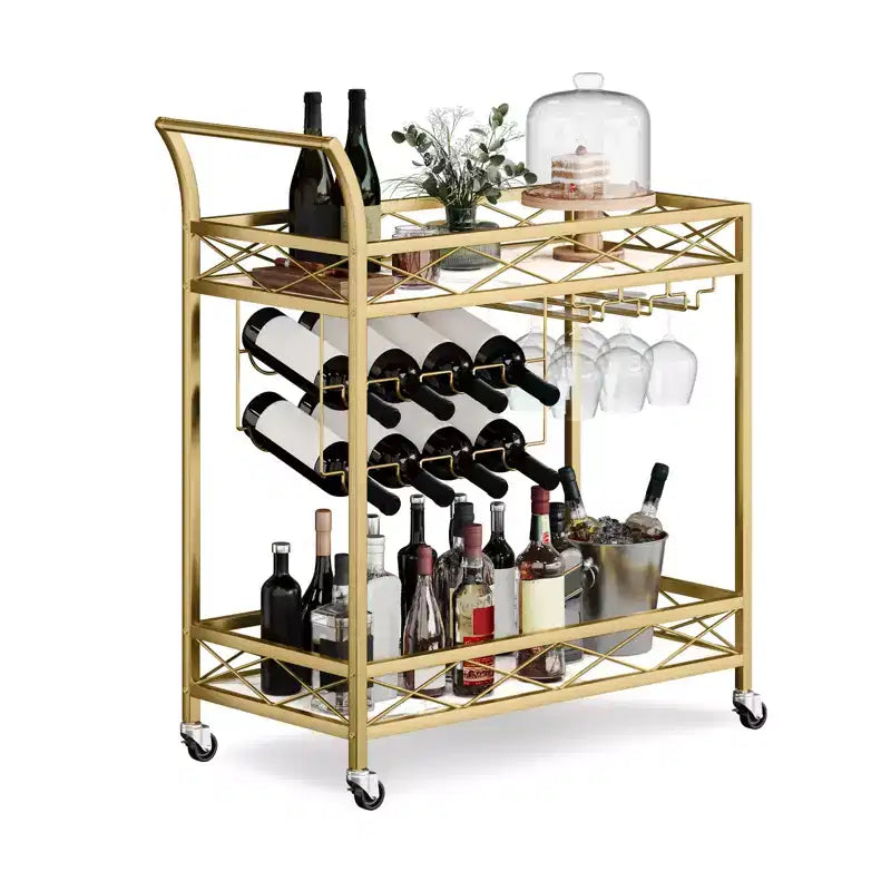 Desserte de bar à roulettes, Desserte de bar à 2 niveaux, Desserte de boissons mobile avec porte-bouteilles, porte-verres, chariot de service à roulettes pour cuisine, salle à manger, salon, doré