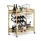 Desserte de bar à roulettes, Desserte de bar à 2 niveaux, Desserte de boissons mobile avec porte-bouteilles, porte-verres, chariot de service à roulettes pour cuisine, salle à manger, salon, doré