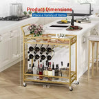Desserte de bar à roulettes, Desserte de bar à 2 niveaux, Desserte de boissons mobile avec porte-bouteilles, porte-verres, chariot de service à roulettes pour cuisine, salle à manger, salon, doré