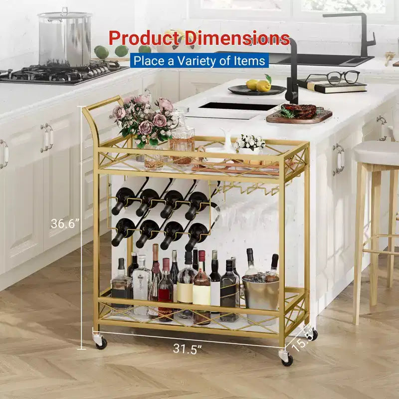 Desserte de bar à roulettes, Desserte de bar à 2 niveaux, Desserte de boissons mobile avec porte-bouteilles, porte-verres, chariot de service à roulettes pour cuisine, salle à manger, salon, doré