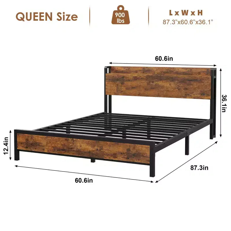 Lit Queen Rustique IndustrielCadre de Plateforme en Métal Robuste avec Tête de Lit en BoisLit Queen pour Chambre à Coucher
