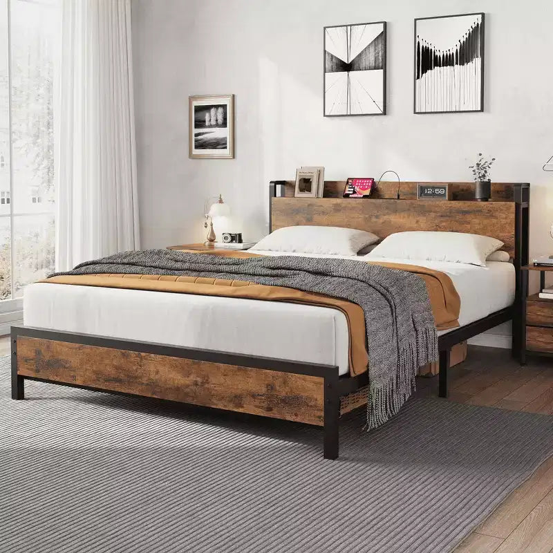 Lit Queen Rustique IndustrielCadre de Plateforme en Métal Robuste avec Tête de Lit en BoisLit Queen pour Chambre à Coucher