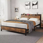 Lit Queen Rustique IndustrielCadre de Plateforme en Métal Robuste avec Tête de Lit en BoisLit Queen pour Chambre à Coucher
