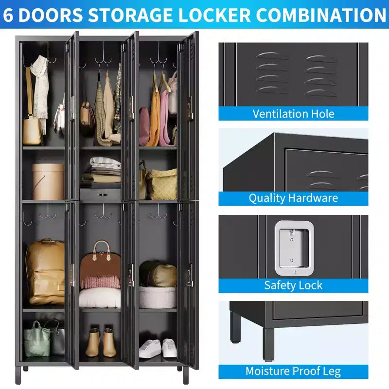 Casier de rangement pour employés à 6 portes, casier de rangement en métal à combinaison, armoire à outils en acier verrouillable avec aérations pour salle de sport, maison, bureau, école, garage