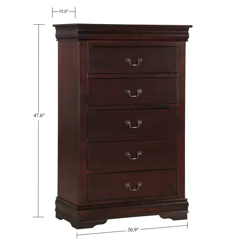 Commode de chevet Okak Contemporary à 5 tiroirs en bois massif, Rangement de chambre avec élégante quincaillerie en laiton, Assemblage simple