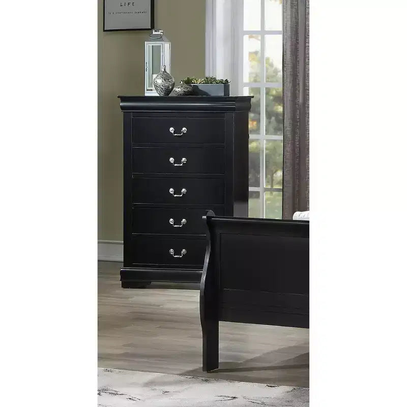 Commode de chevet Okak Contemporary à 5 tiroirs en bois massif, Rangement de chambre avec élégante quincaillerie en laiton, Assemblage simple