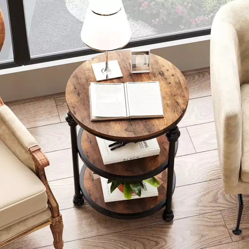 Petite table d'appoint, table basse ronde avec 3 étagères pour salon, chambre à coucher, table de chevet d'appoint avec cadre en acier pour petits espaces