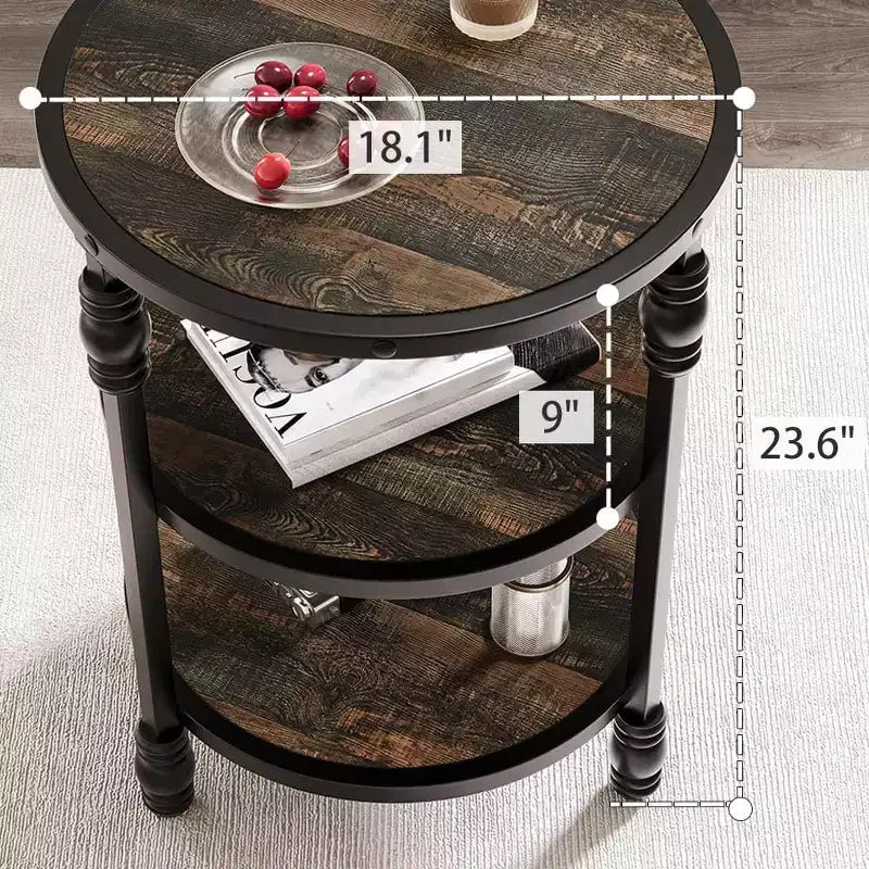 Petite table d'appoint, table basse ronde avec 3 étagères pour salon, chambre à coucher, table de chevet d'appoint avec cadre en acier pour petits espaces
