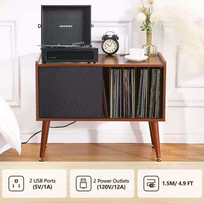 Meuble tourne-disque avec station de charge et ports USB – Peut contenir jusqu'à 300 albums, grand meuble de rangement pour disques vinyles, meuble pour platine vinyle, table d'appoint