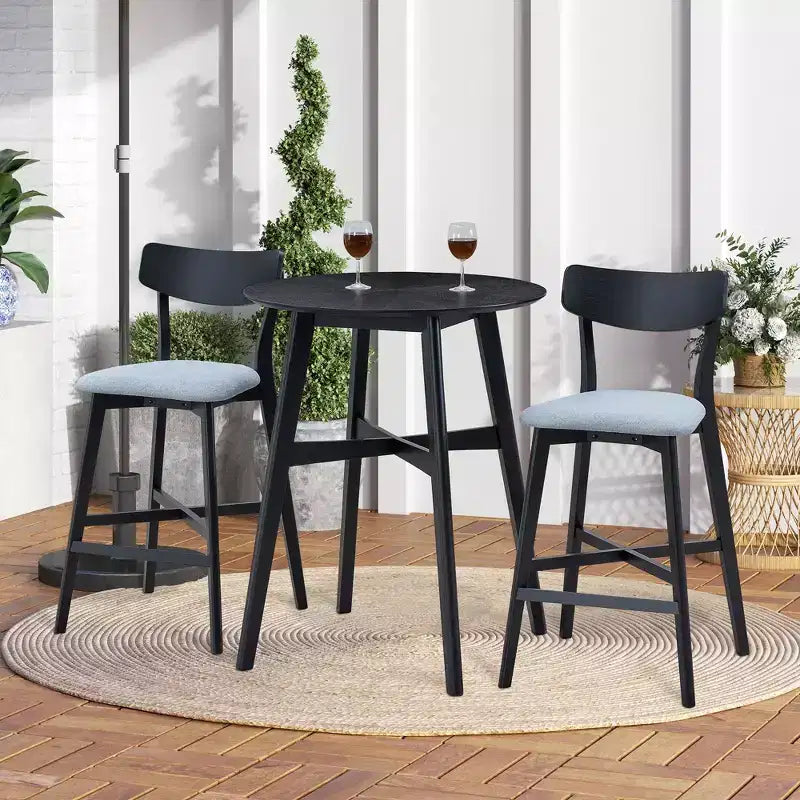 Table à manger ronde Okak, table de cuisine, table haute en bois, table de bar pour 2-4 personnes pour salle à manger, restaurant, pub, noir
