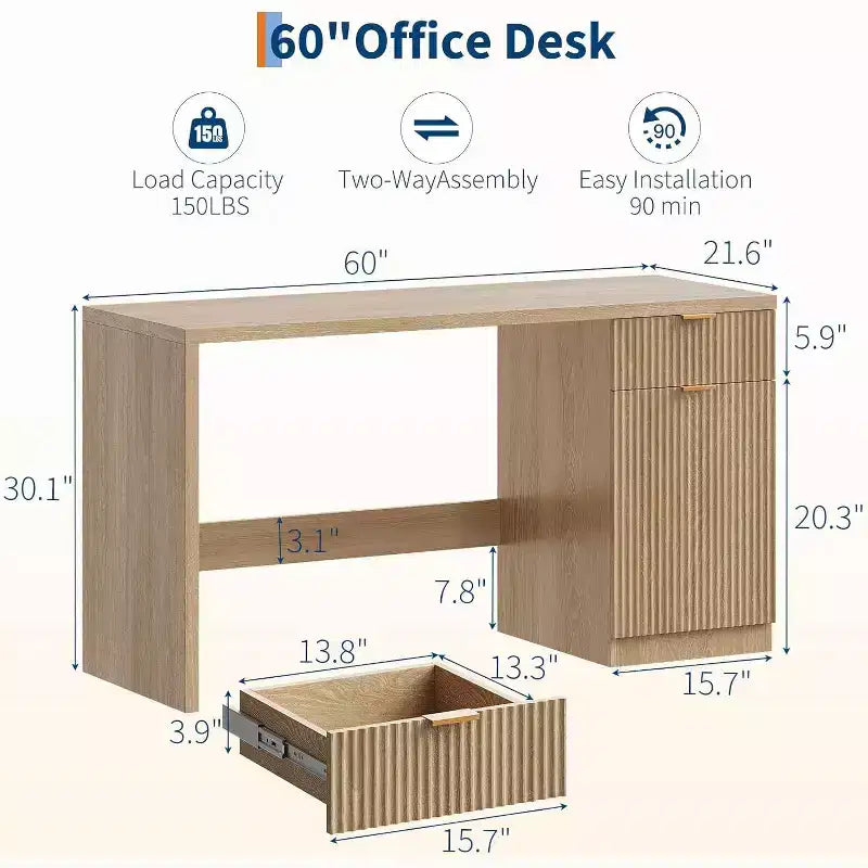 Bureau de direction de 60 pouces avec rangement, tiroir et armoire, bureau d'ordinateur moderne pour bureau à domicile, table d'écriture ou de conférence, chêne naturel