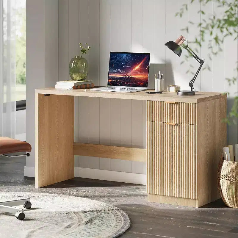 Bureau de direction de 60 pouces avec rangement, tiroir et armoire, bureau d'ordinateur moderne pour bureau à domicile, table d'écriture ou de conférence, chêne naturel