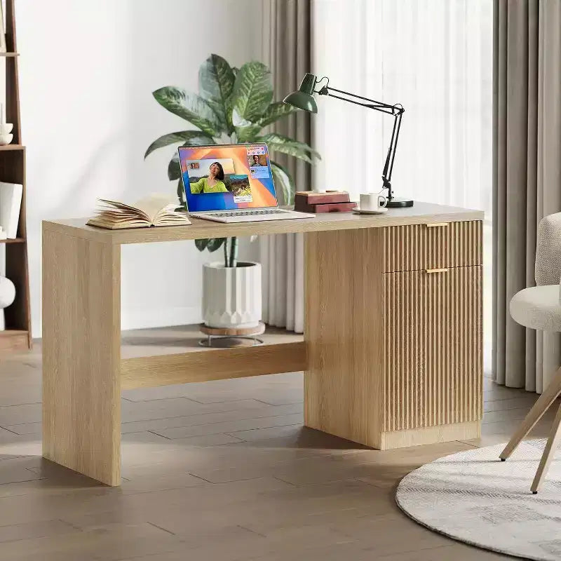 Bureau de direction de 60 pouces avec rangement, tiroir et armoire, bureau d'ordinateur moderne pour bureau à domicile, table d'écriture ou de conférence, chêne naturel