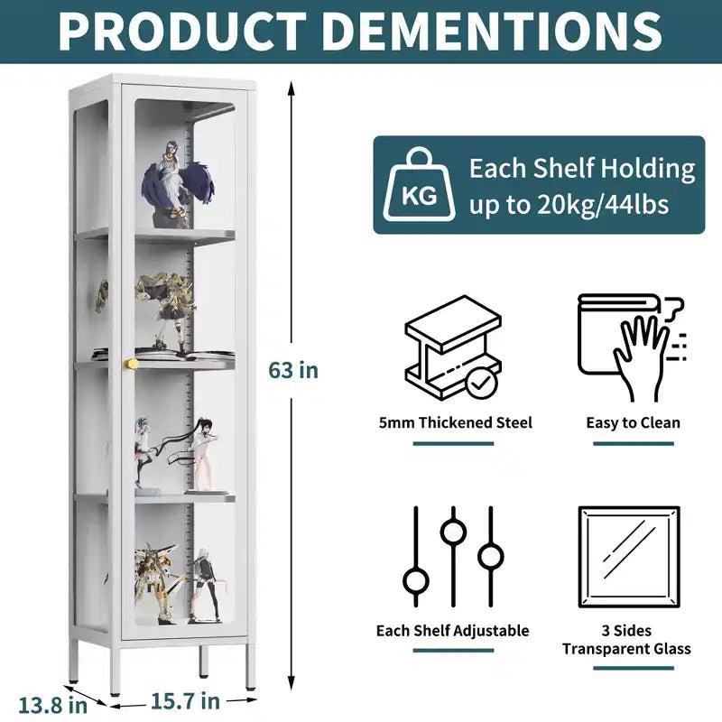 Bekrvio 63H Vitrine en Verre à 3 Côtés avec Étagères Réglables, Meuble de Rangement à 4 Niveaux pour Objets de Collection, Idéal pour les Petits Espaces