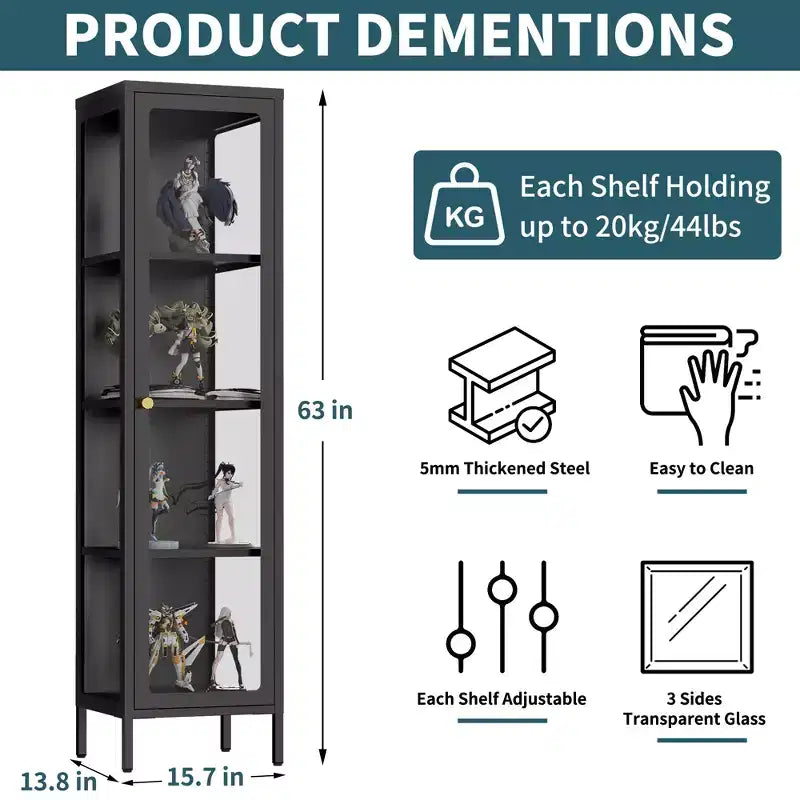 Bekrvio 63H Vitrine en Verre à 3 Côtés avec Étagères Réglables, Meuble de Rangement à 4 Niveaux pour Objets de Collection, Idéal pour les Petits Espaces