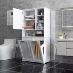 Meuble à linge autoportant CLIHOME avec portes et étagère, panier à linge inclinable, plusieurs espaces de rangement, blanc