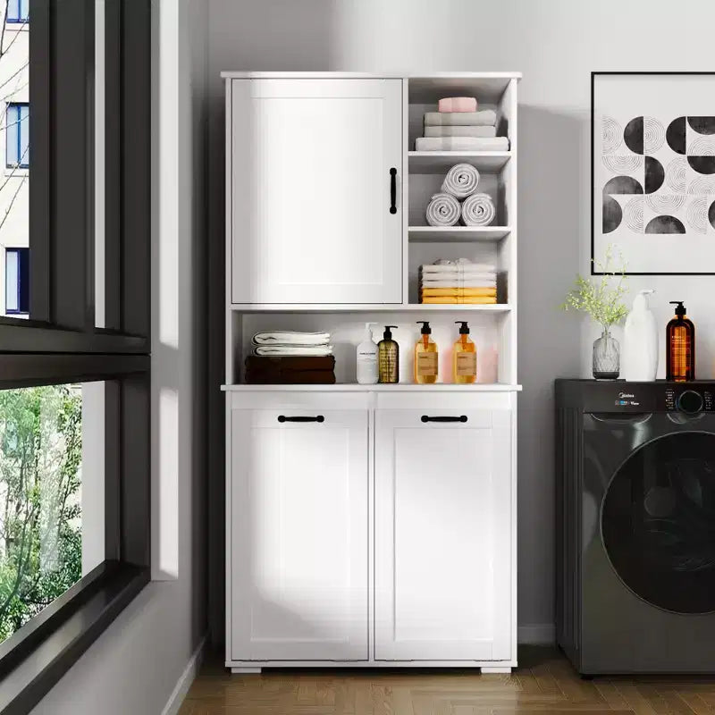 Meuble à linge autoportant CLIHOME avec portes et étagère, panier à linge inclinable, plusieurs espaces de rangement, blanc