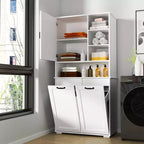 Meuble à linge autoportant CLIHOME avec portes et étagère, panier à linge inclinable, plusieurs espaces de rangement, blanc