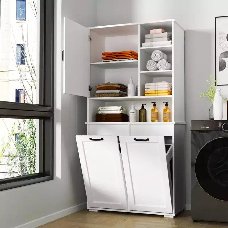 Meuble à linge autoportant CLIHOME avec portes et étagère, panier à linge inclinable, plusieurs espaces de rangement, blanc