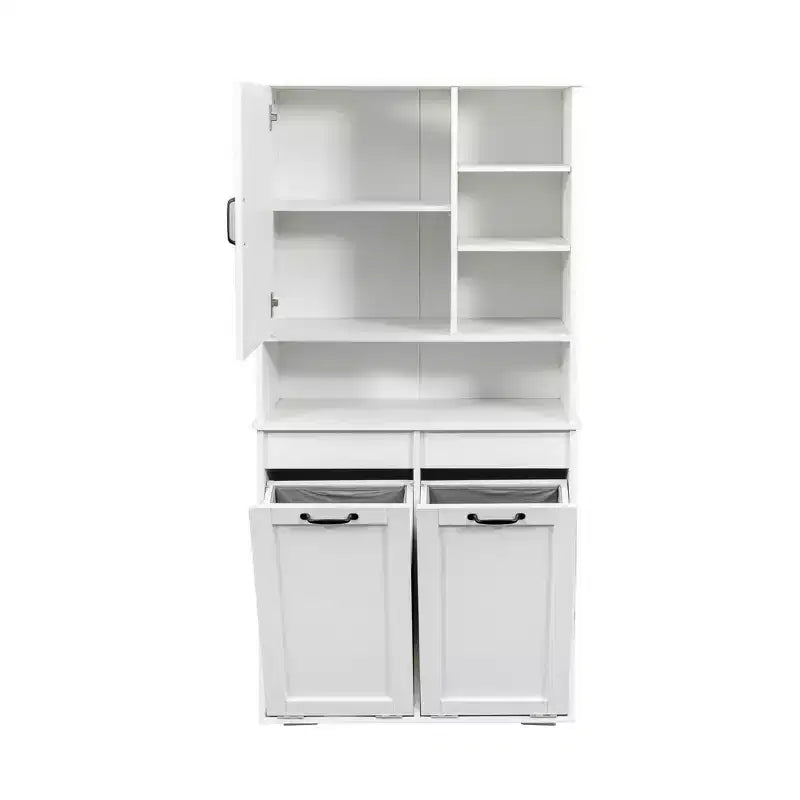 Meuble à linge autoportant CLIHOME avec portes et étagère, panier à linge inclinable, plusieurs espaces de rangement, blanc
