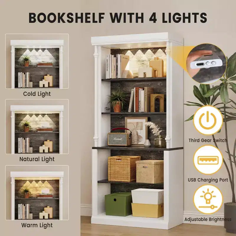 Étagère, Bibliothèque à 5 Niveaux de 180 cm avec Rangement Ouvert et 4 Lumières LED - Étagères Colonnes Romaines pour Bureau à Domicile Blanc