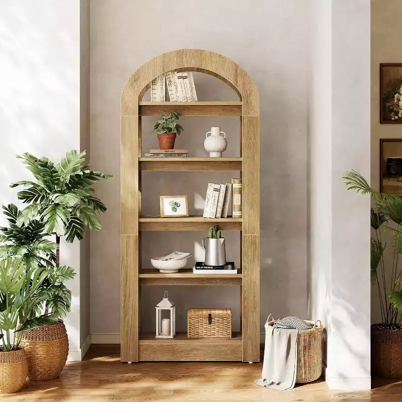 Étagère Lantine 5 niveaux en forme d'arche, bibliothèque haute en bois au design moderne pour bureau, salon