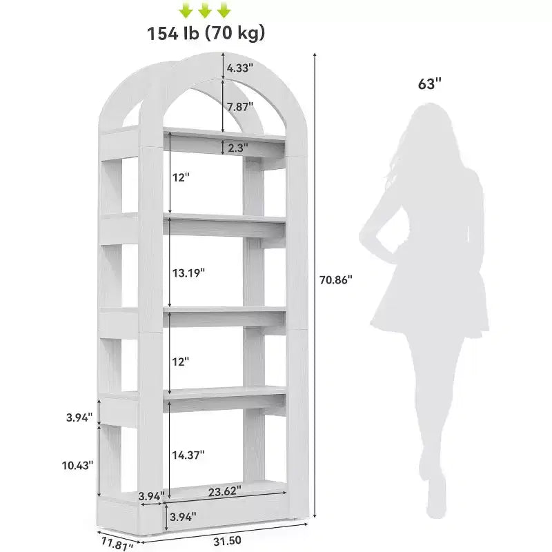 Étagère Lantine 5 niveaux en forme d'arche, bibliothèque haute en bois au design moderne pour bureau, salon