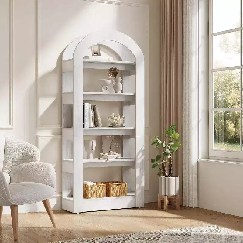 Étagère Lantine 5 niveaux en forme d'arche, bibliothèque haute en bois au design moderne pour bureau, salon
