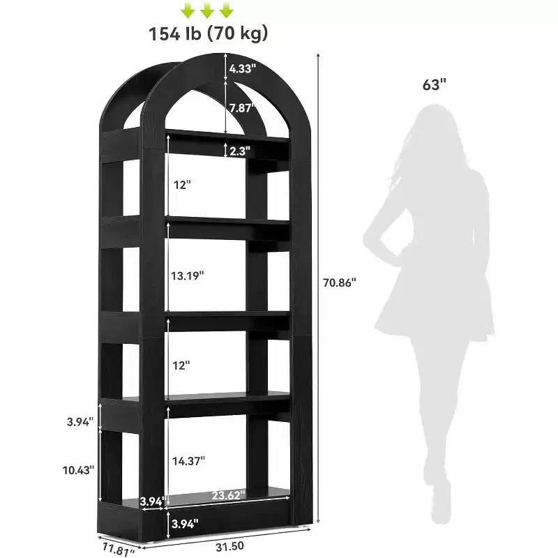 Étagère Lantine 5 niveaux en forme d'arche, bibliothèque haute en bois au design moderne pour bureau, salon