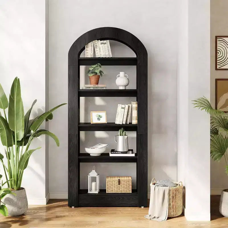 Étagère Lantine 5 niveaux en forme d'arche, bibliothèque haute en bois au design moderne pour bureau, salon