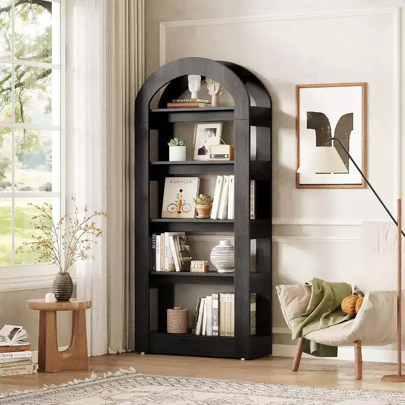 Étagère Lantine 5 niveaux en forme d'arche, bibliothèque haute en bois au design moderne pour bureau, salon