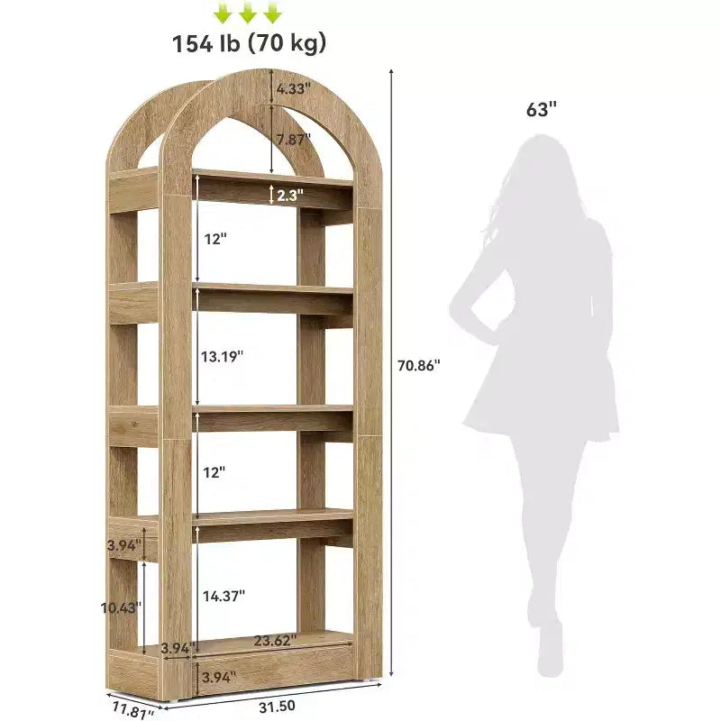 Étagère Lantine 5 niveaux en forme d'arche, bibliothèque haute en bois au design moderne pour bureau, salon