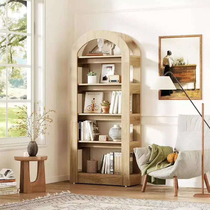 Étagère Lantine 5 niveaux en forme d'arche, bibliothèque haute en bois au design moderne pour bureau, salon