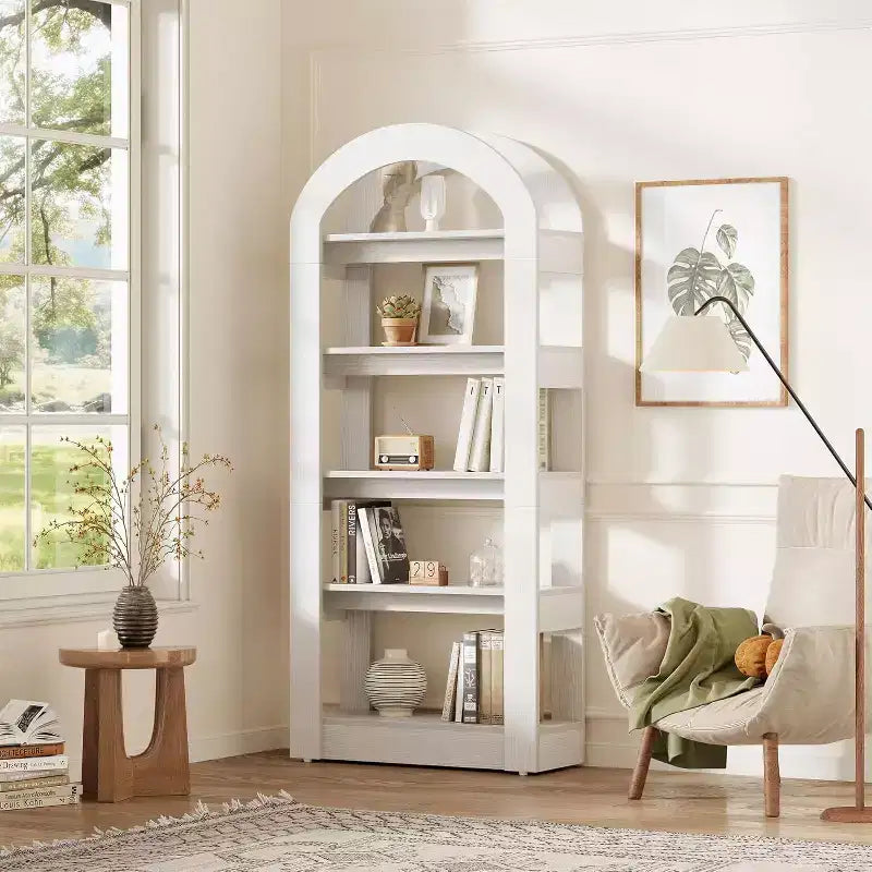 Étagère Lantine 5 niveaux en forme d'arche, bibliothèque haute en bois au design moderne pour bureau, salon