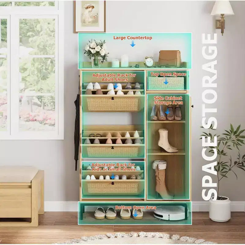 Meuble à chaussures Garvee avec 3 tiroirs basculants, meuble de rangement pour chaussures en rotin à 4 niveaux, organiseur de chaussures sur pied avec étagères réglables pour entrée