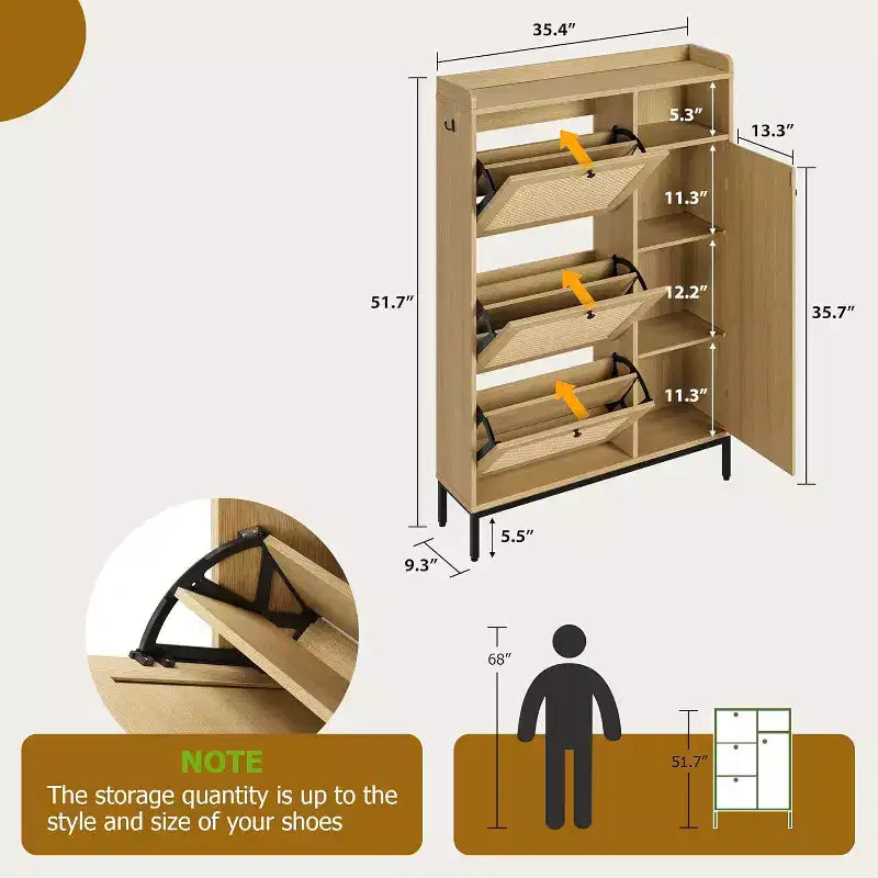 Meuble à chaussures Garvee avec 3 tiroirs basculants, meuble de rangement pour chaussures en rotin à 4 niveaux, organiseur de chaussures sur pied avec étagères réglables pour entrée