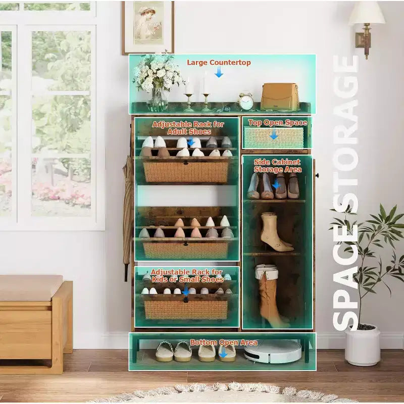 Meuble à chaussures Garvee avec 3 tiroirs basculants, meuble de rangement pour chaussures en rotin à 4 niveaux, organiseur de chaussures sur pied avec étagères réglables pour entrée