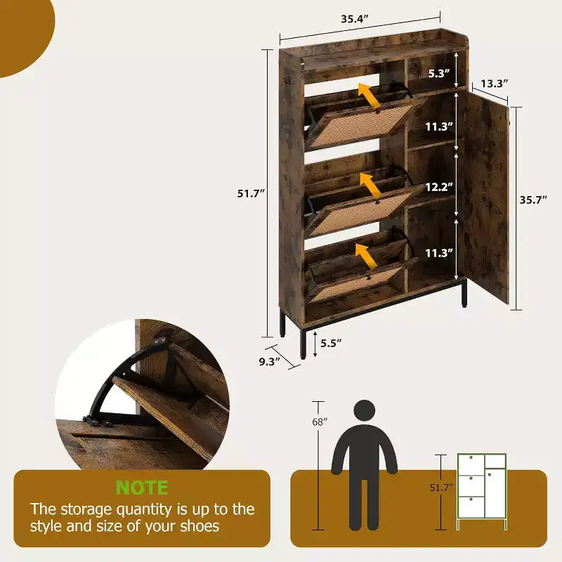 Meuble à chaussures Garvee avec 3 tiroirs basculants, meuble de rangement pour chaussures en rotin à 4 niveaux, organiseur de chaussures sur pied avec étagères réglables pour entrée
