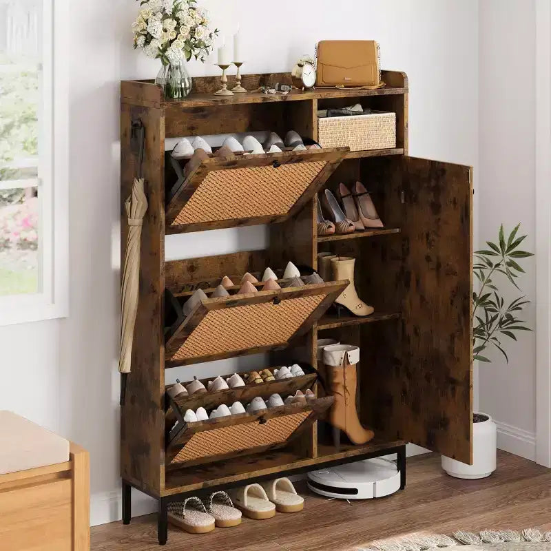 Meuble à chaussures Garvee avec 3 tiroirs basculants, meuble de rangement pour chaussures en rotin à 4 niveaux, organiseur de chaussures sur pied avec étagères réglables pour entrée