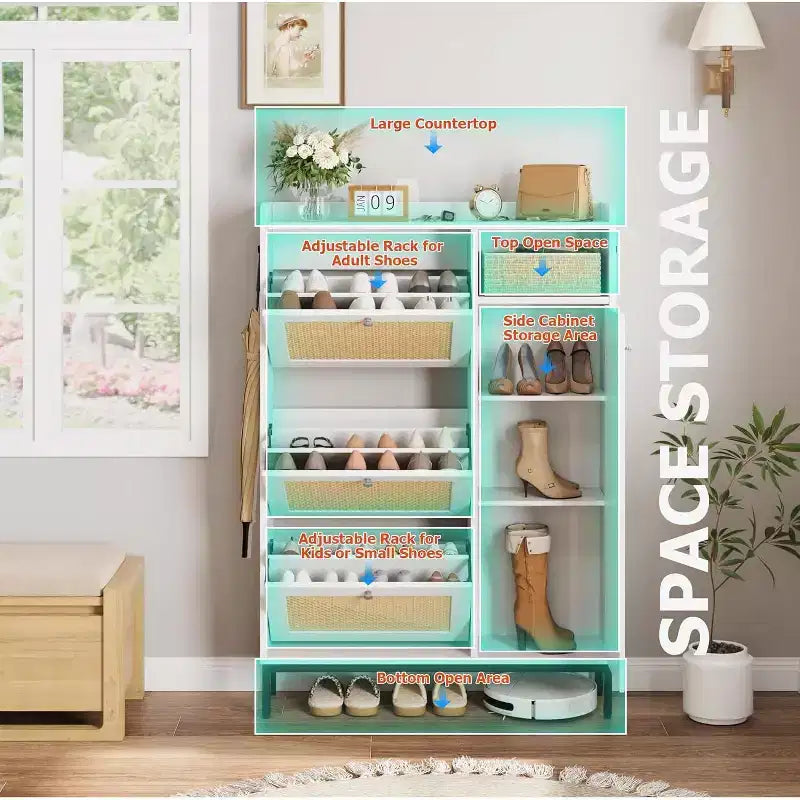 Meuble à chaussures Garvee avec 3 tiroirs basculants, meuble de rangement pour chaussures en rotin à 4 niveaux, organiseur de chaussures sur pied avec étagères réglables pour entrée