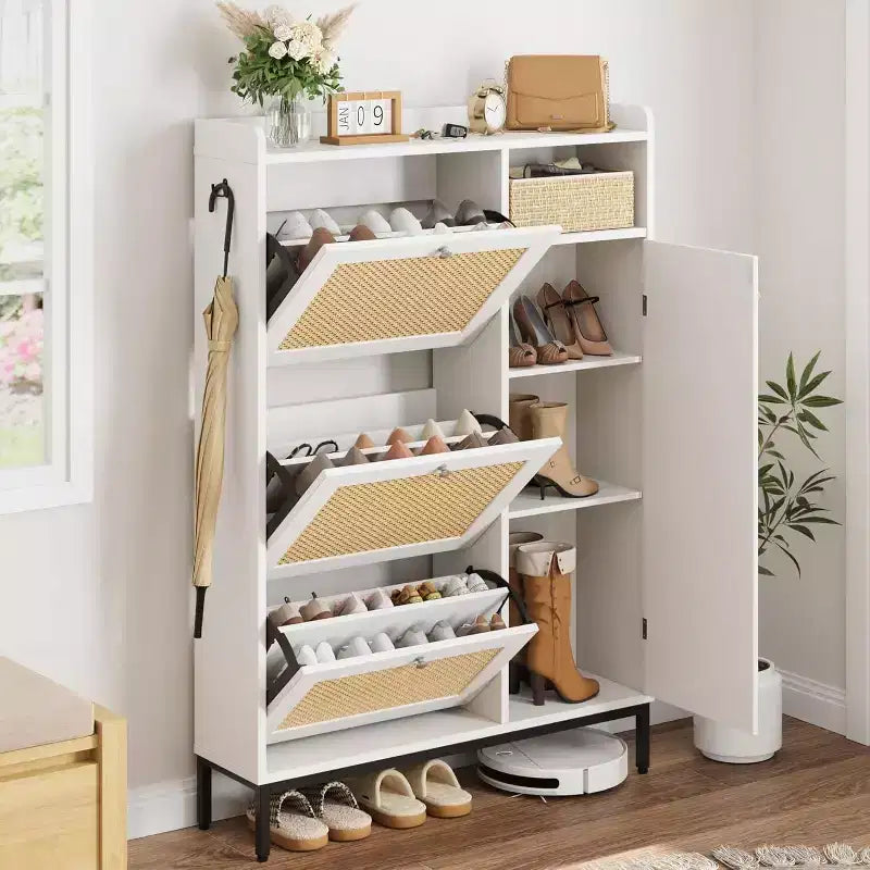Meuble à chaussures Garvee avec 3 tiroirs basculants, meuble de rangement pour chaussures en rotin à 4 niveaux, organiseur de chaussures sur pied avec étagères réglables pour entrée