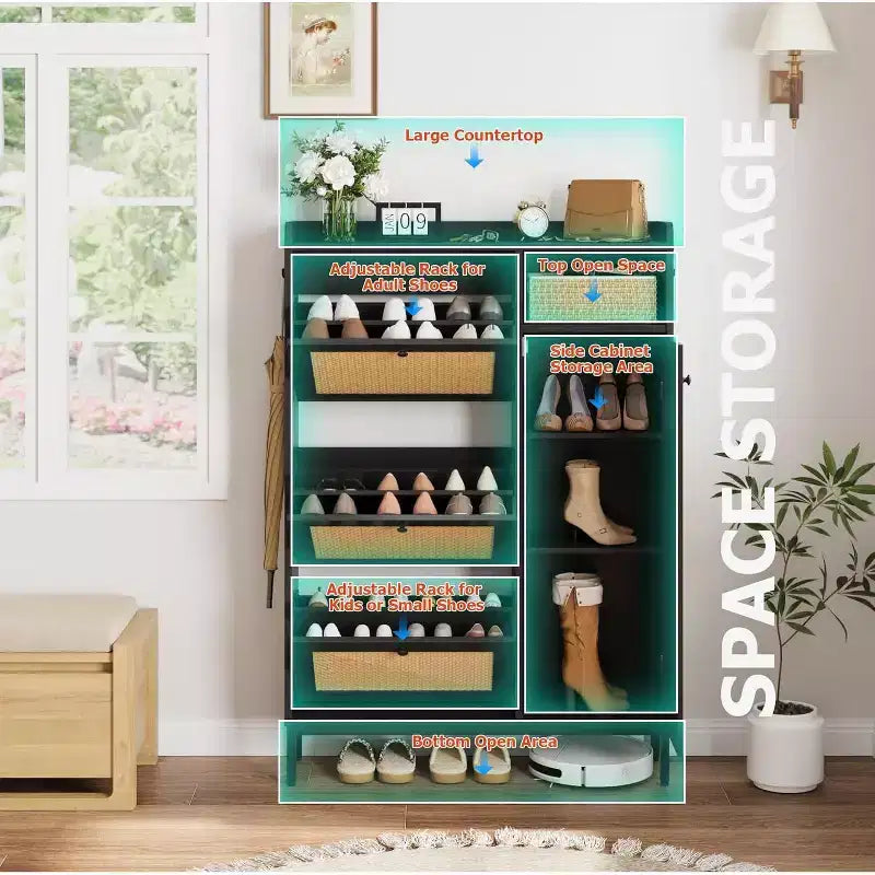 Meuble à chaussures Garvee avec 3 tiroirs basculants, meuble de rangement pour chaussures en rotin à 4 niveaux, organiseur de chaussures sur pied avec étagères réglables pour entrée