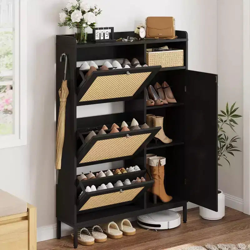 Meuble à chaussures Garvee avec 3 tiroirs basculants, meuble de rangement pour chaussures en rotin à 4 niveaux, organiseur de chaussures sur pied avec étagères réglables pour entrée