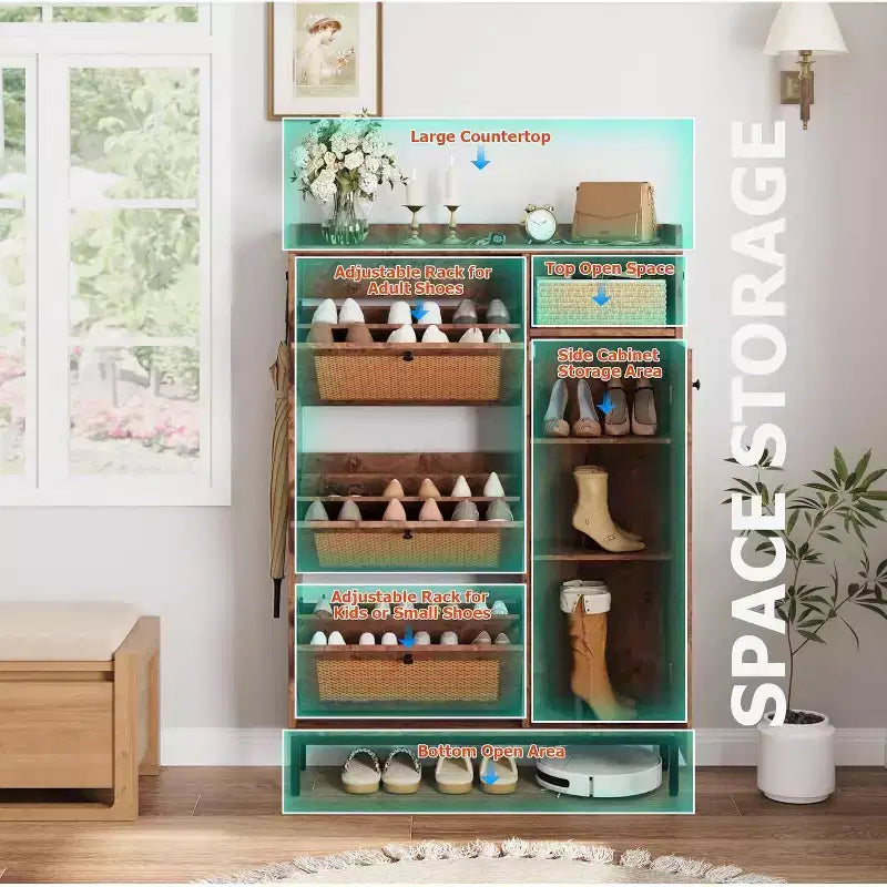 Meuble à chaussures Garvee avec 3 tiroirs basculants, meuble de rangement pour chaussures en rotin à 4 niveaux, organiseur de chaussures sur pied avec étagères réglables pour entrée
