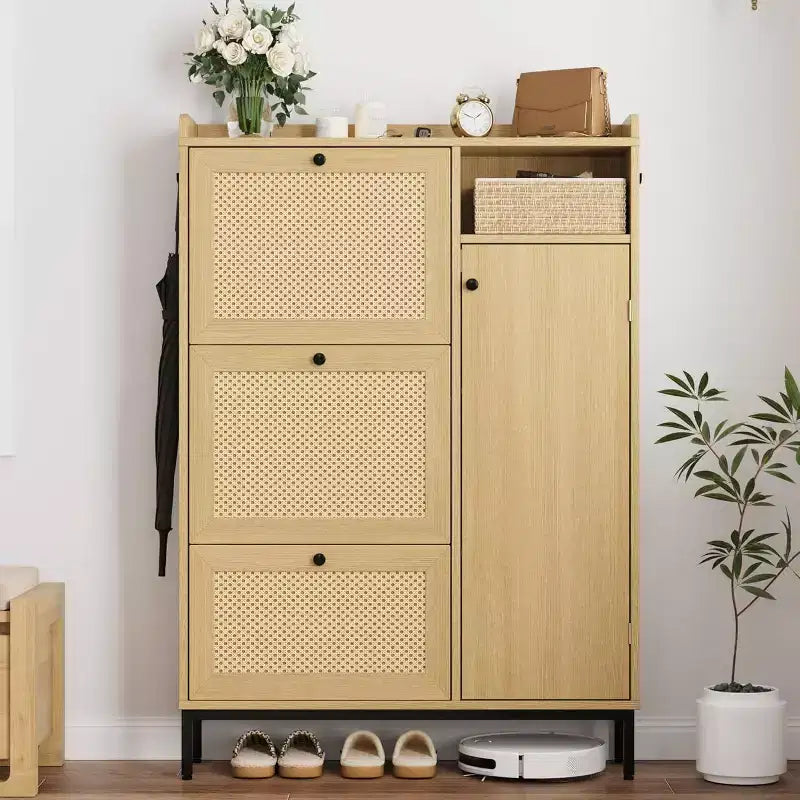 Meuble à chaussures Garvee avec 3 tiroirs basculants, meuble de rangement pour chaussures en rotin à 4 niveaux, organiseur de chaussures sur pied avec étagères réglables pour entrée
