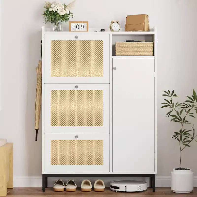 Meuble à chaussures Garvee avec 3 tiroirs basculants, meuble de rangement pour chaussures en rotin à 4 niveaux, organiseur de chaussures sur pied avec étagères réglables pour entrée