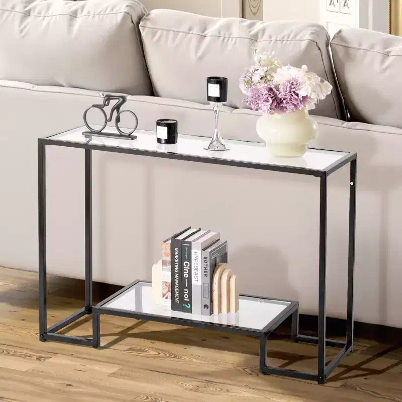 VEVOR Table console en verre à 2 niveaux, table d'appoint rectangulaire moderne avec plateau en verre trempé et pieds en fer, bureau console doré, noir