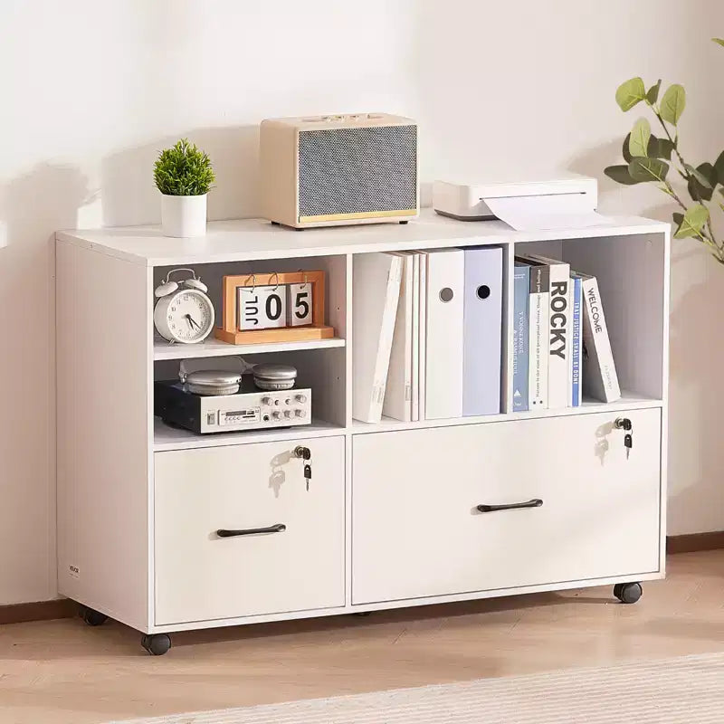 VEVOR Meuble Classeur à 2 Tiroirs en Bois, Meuble de Rangement Mobile avec Étagères Ouvertes, Classeur Latéral Roulant Verrouillable avec Étagères Réglables, Blanc